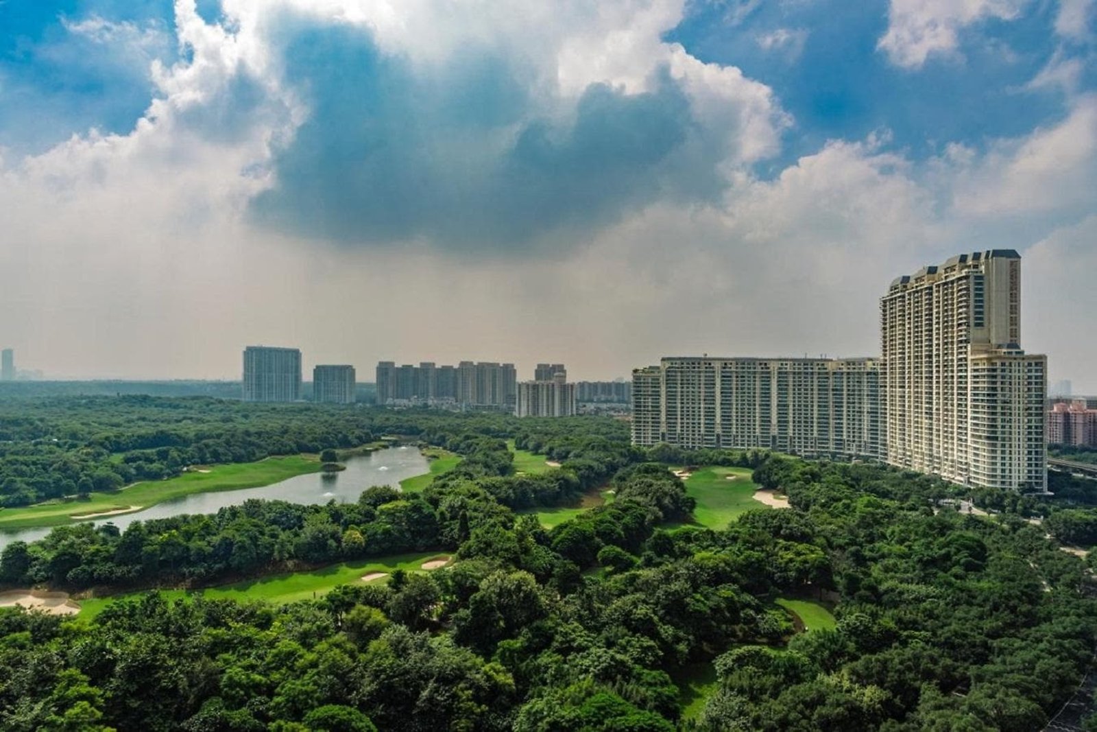 Aerial view of the DLF The Dahlias estate and golf course