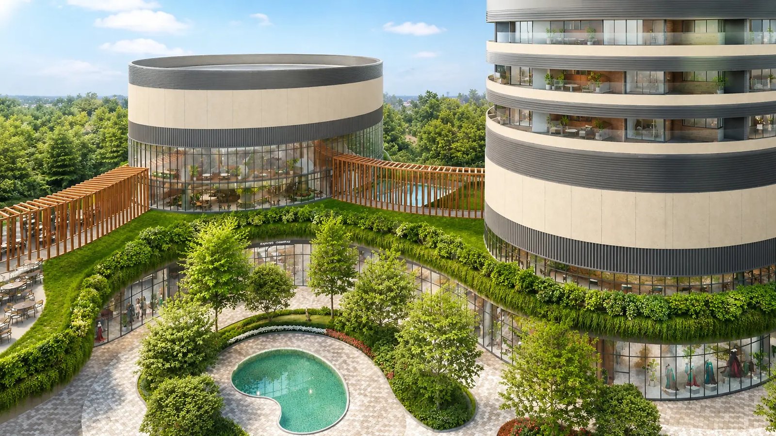 Rooftop garden and pool deck at DLF The Dahlias